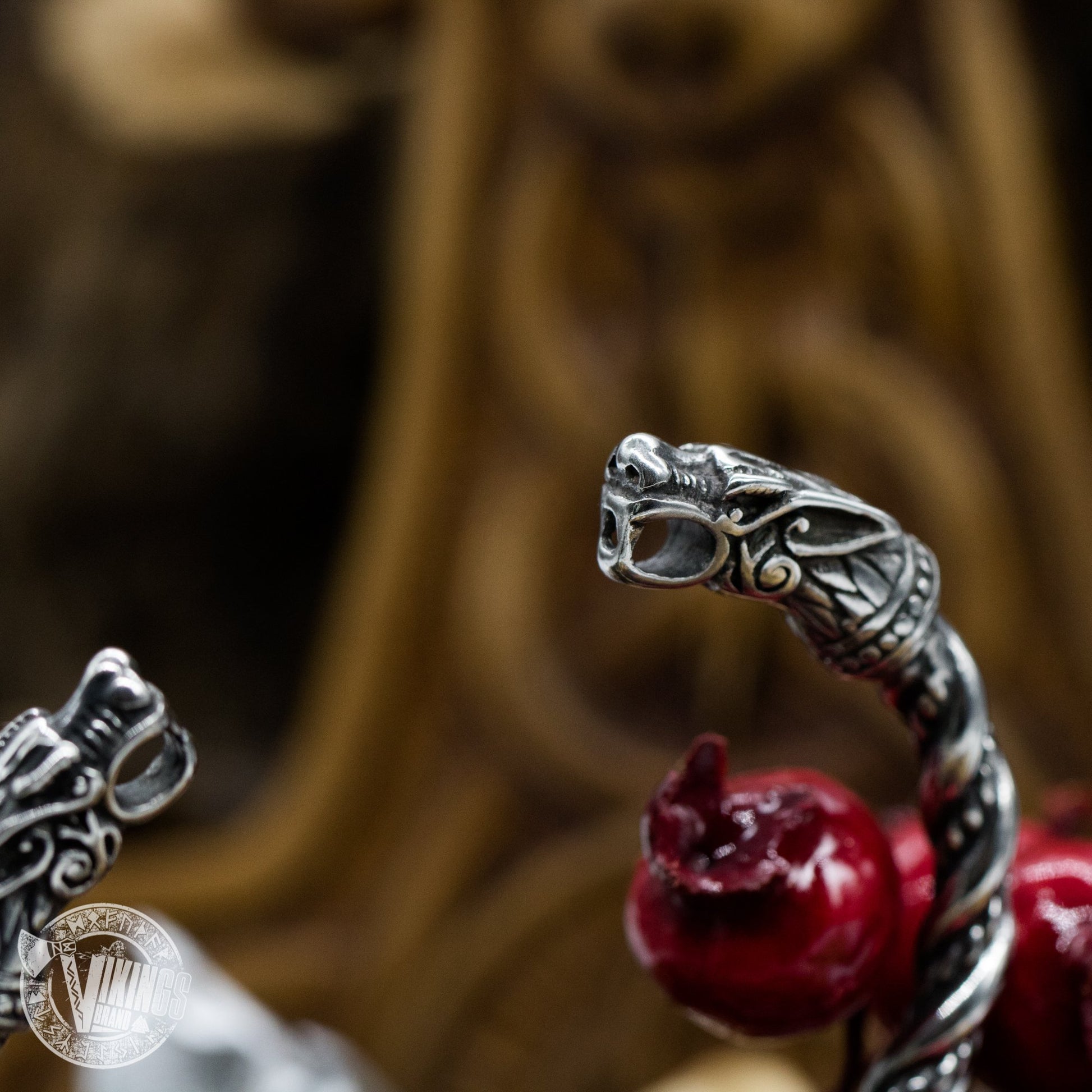 Forged in Fire Viking Arm Ring with Wolf Heads - VikingsBrand