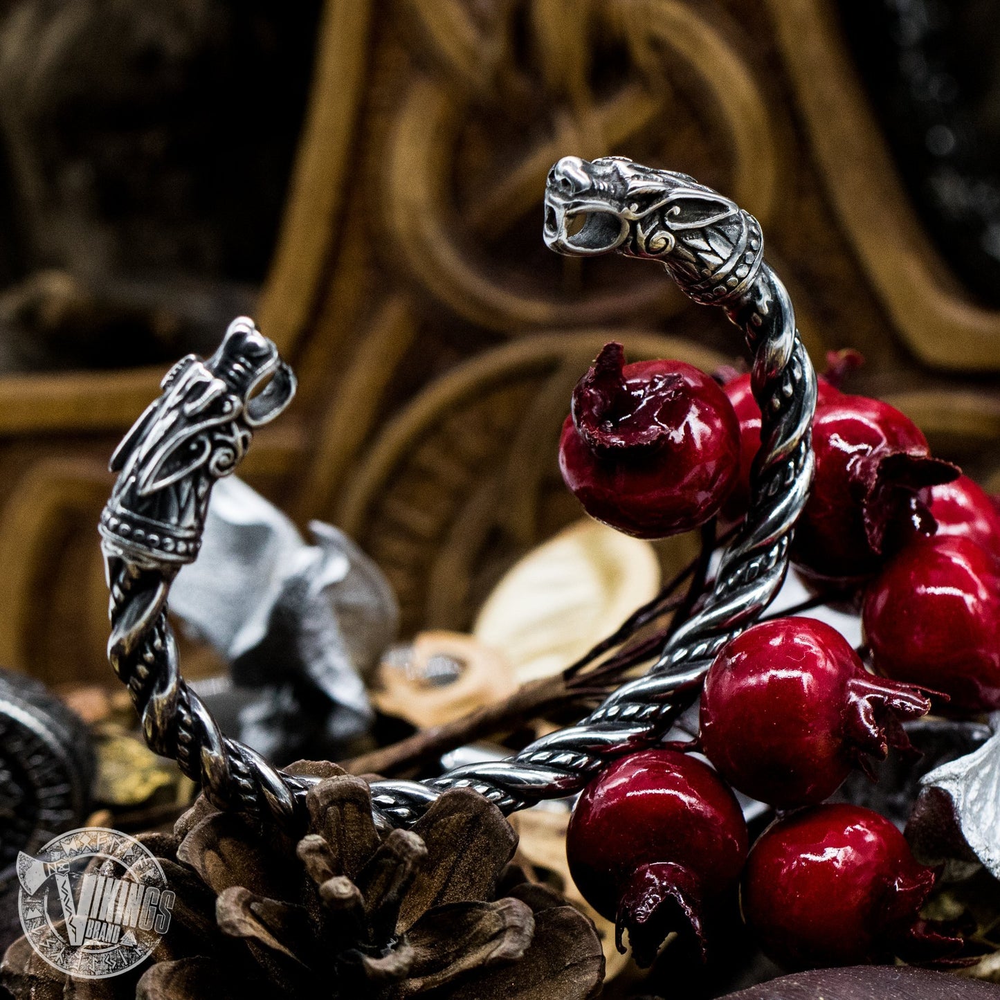 Forged in Fire Viking Arm Ring with Wolf Heads - VikingsBrand