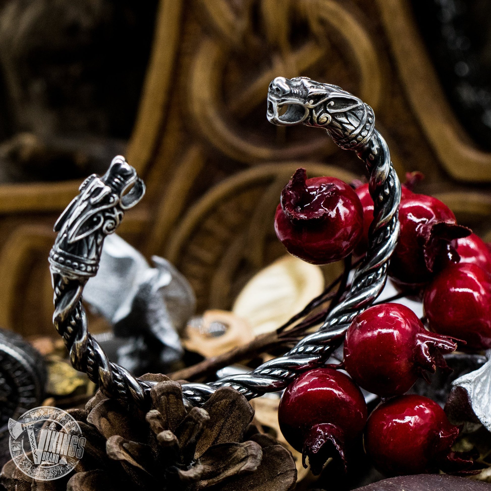 Forged in Fire Viking Arm Ring with Wolf Heads - VikingsBrand