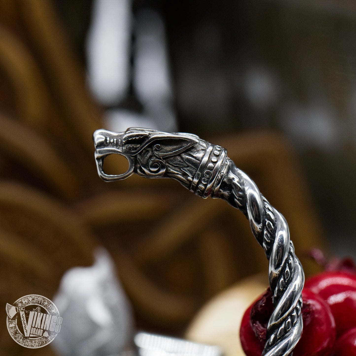 Forged in Fire Viking Arm Ring with Wolf Heads - VikingsBrand