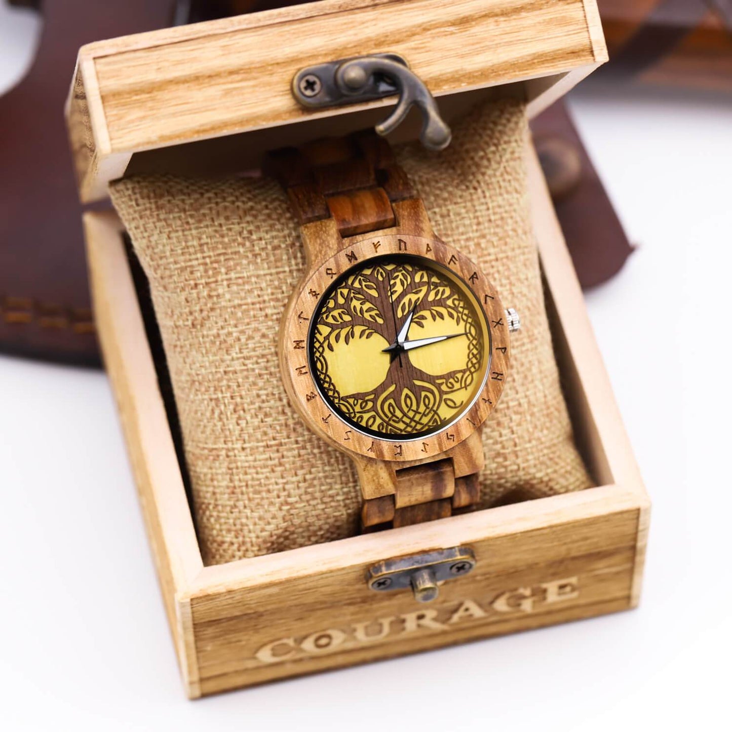 Frode Viking Wooden Watch with Carved Yggdrasil Viking Symbol & Custom Engravings