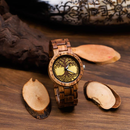Frode Viking Wooden Watch with Carved Yggdrasil Viking Symbol & Custom Engravings