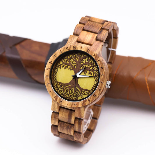 Frode Viking Wooden Watch with Carved Yggdrasil Viking Symbol & Custom Engravings