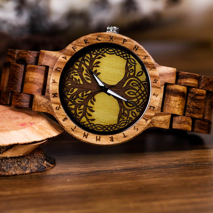 Frode Viking Wooden Watch with Carved Yggdrasil Viking Symbol & Custom Engravings