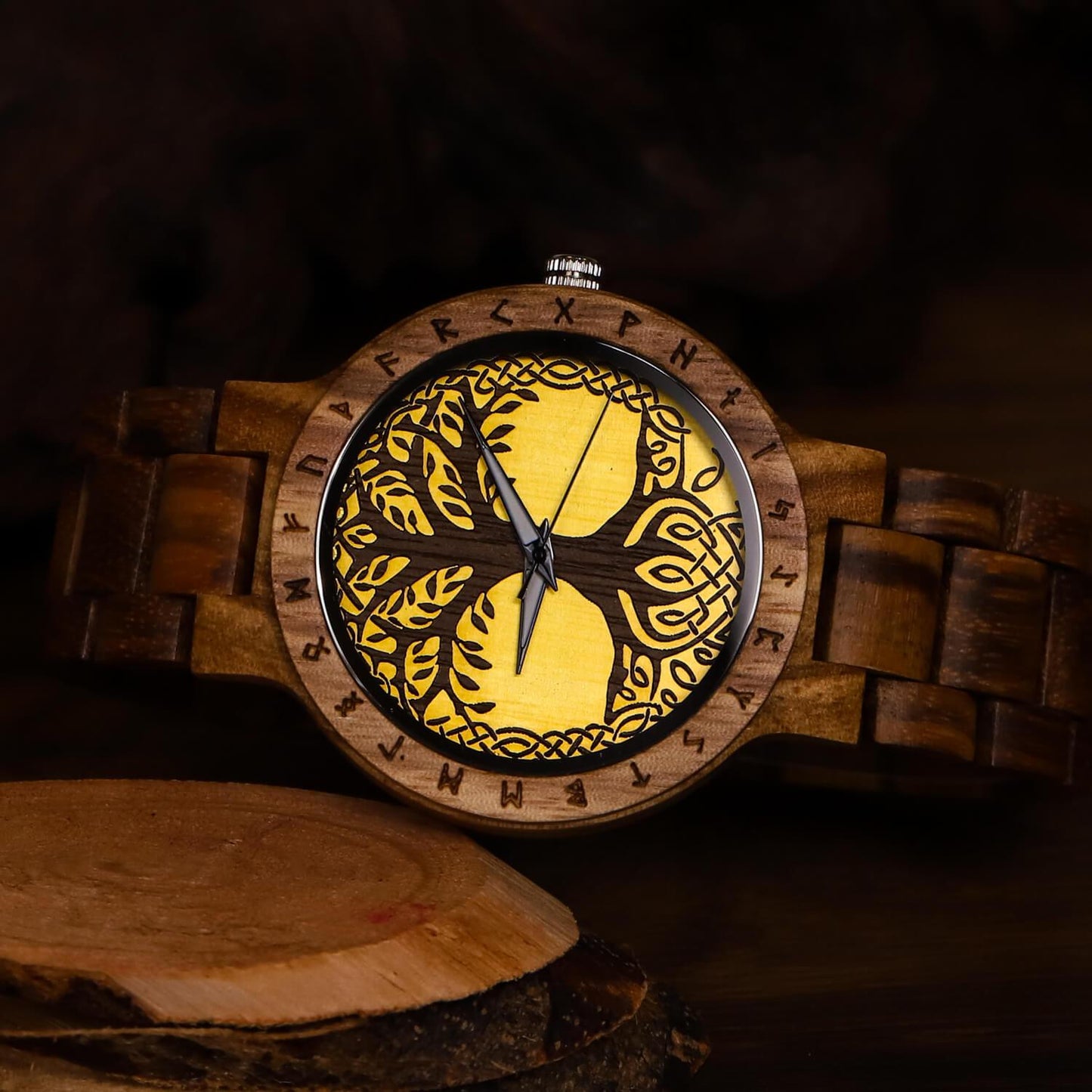 Frode Viking Wooden Watch with Carved Yggdrasil Viking Symbol & Custom Engravings