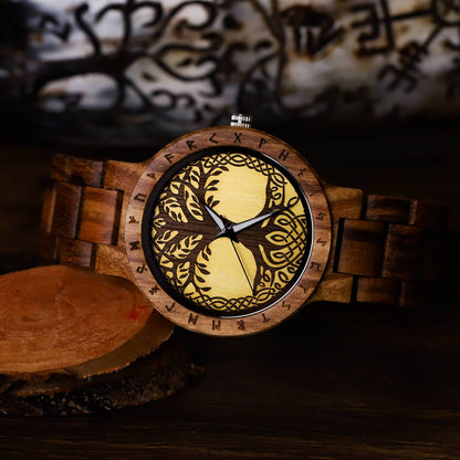Frode Viking Wooden Watch with Carved Yggdrasil Viking Symbol & Custom Engravings