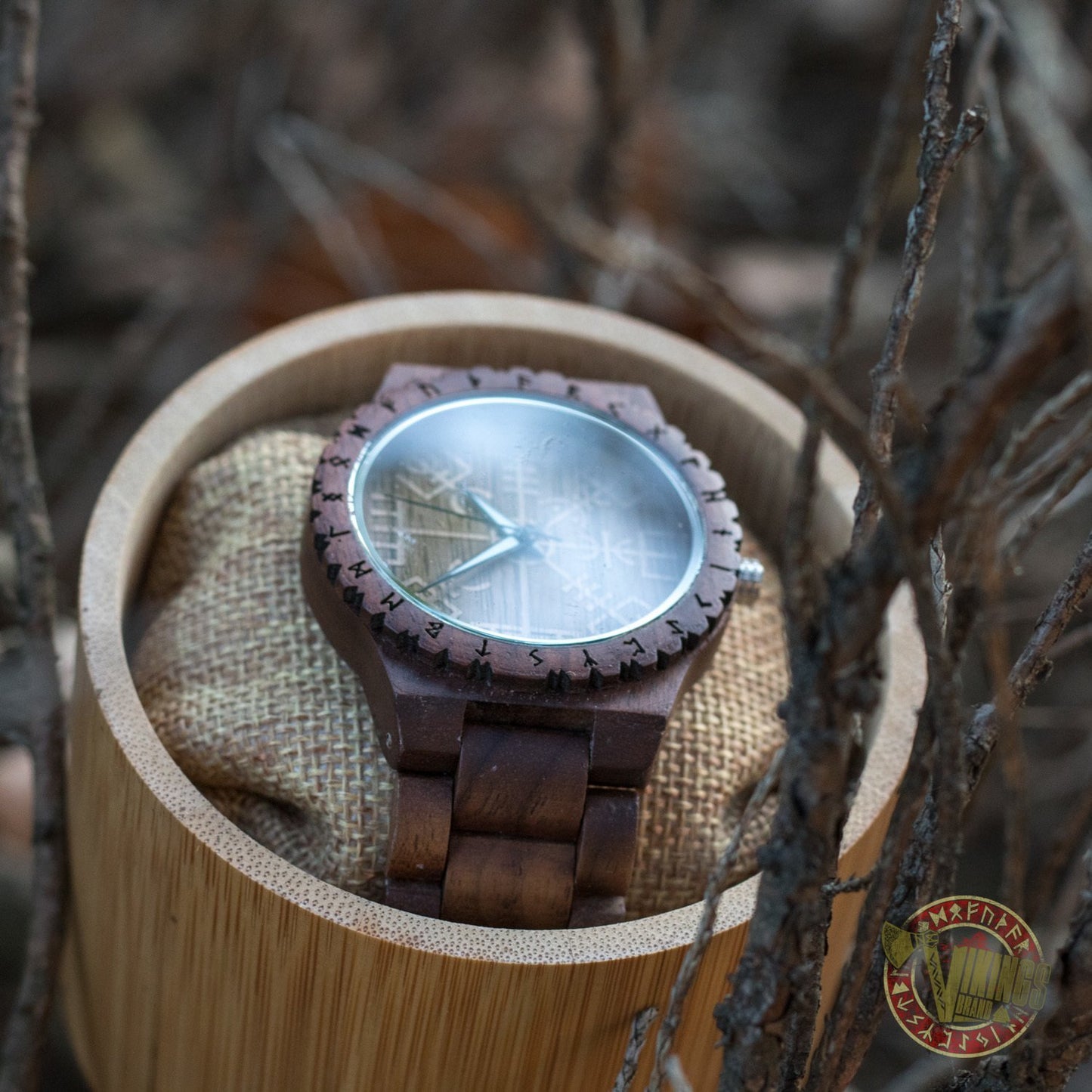 Geir Viking Wooden Watch with Vegvisir Viking Symbol & Engraved Honor the Gods, Love Your Woman, Defend Your Kin Saying - VikingsBrand