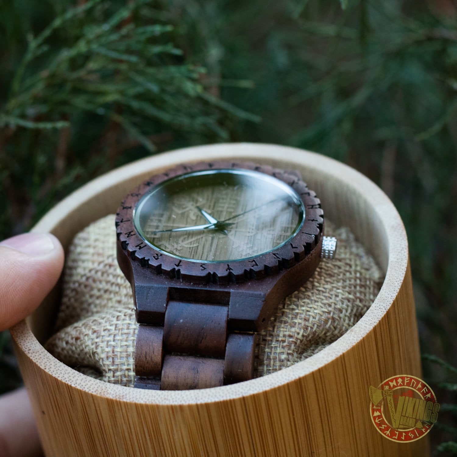 Geir Viking Wooden Watch with Vegvisir Viking Symbol & Engraved Honor the Gods, Love Your Woman, Defend Your Kin Saying - VikingsBrand