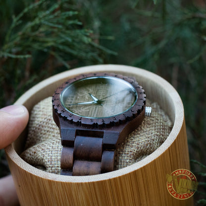 Geir Viking Wooden Watch with Vegvisir Viking Symbol & Engraved Honor the Gods, Love Your Woman, Defend Your Kin Saying - VikingsBrand