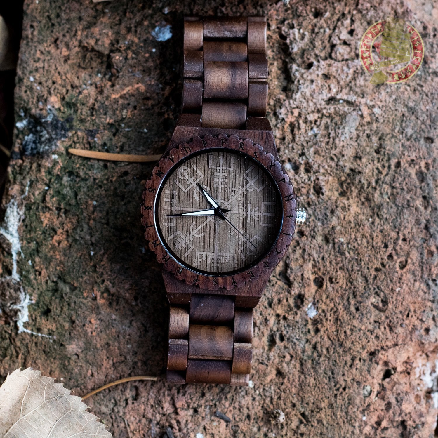 Geir Viking Wooden Watch with Vegvisir Viking Symbol & Engraved Honor the Gods, Love Your Woman, Defend Your Kin Saying - VikingsBrand