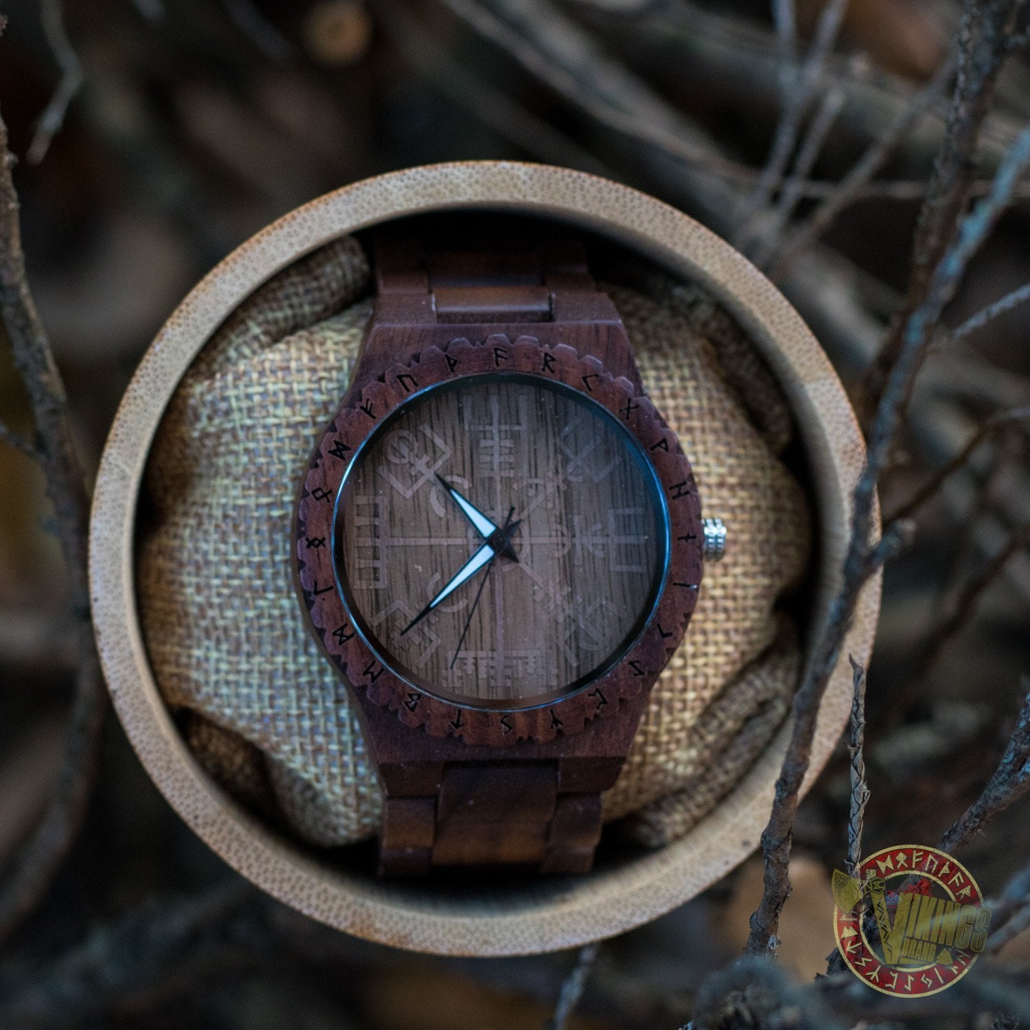 Geir Viking Wooden Watch with Vegvisir Viking Symbol & Engraved Honor the Gods, Love Your Woman, Defend Your Kin Saying - VikingsBrand