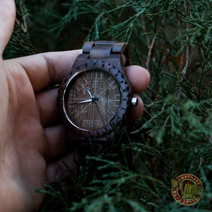 Geir Viking Wooden Watch with Vegvisir Viking Symbol & Engraved Honor the Gods, Love Your Woman, Defend Your Kin Saying - VikingsBrand