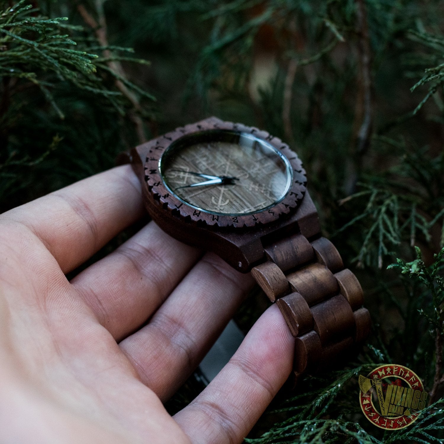 Geir Viking Wooden Watch with Vegvisir Viking Symbol & Engraved Honor the Gods, Love Your Woman, Defend Your Kin Saying - VikingsBrand