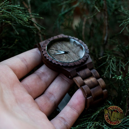 Geir Viking Wooden Watch with Vegvisir Viking Symbol & Engraved Honor the Gods, Love Your Woman, Defend Your Kin Saying - VikingsBrand