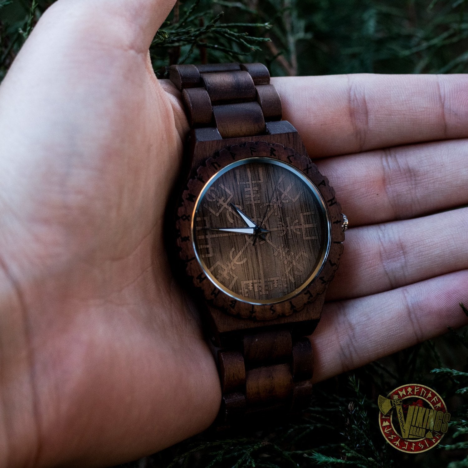 Geir Viking Wooden Watch with Vegvisir Viking Symbol & Engraved Honor the Gods, Love Your Woman, Defend Your Kin Saying - VikingsBrand