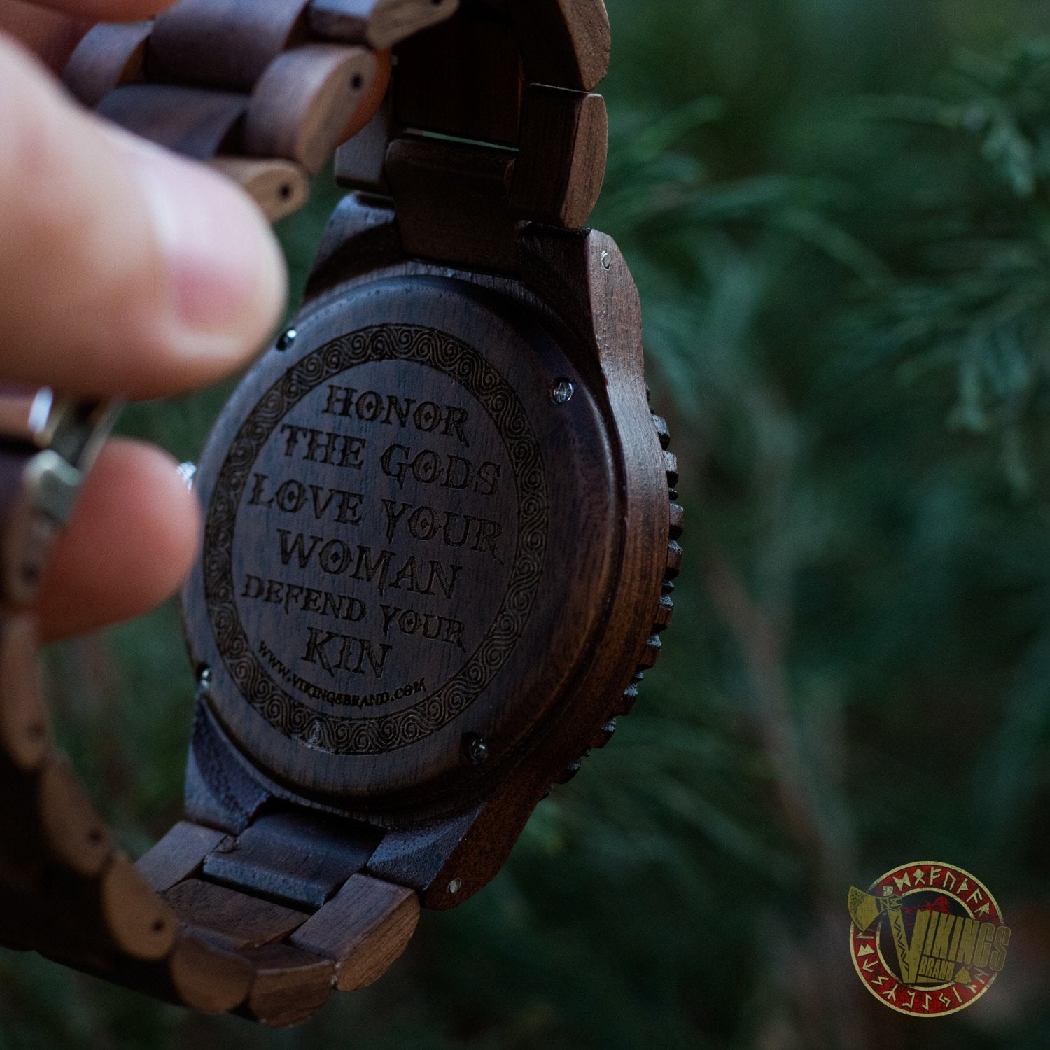 Geir Viking Wooden Watch with Vegvisir Viking Symbol & Engraved Honor the Gods, Love Your Woman, Defend Your Kin Saying - VikingsBrand