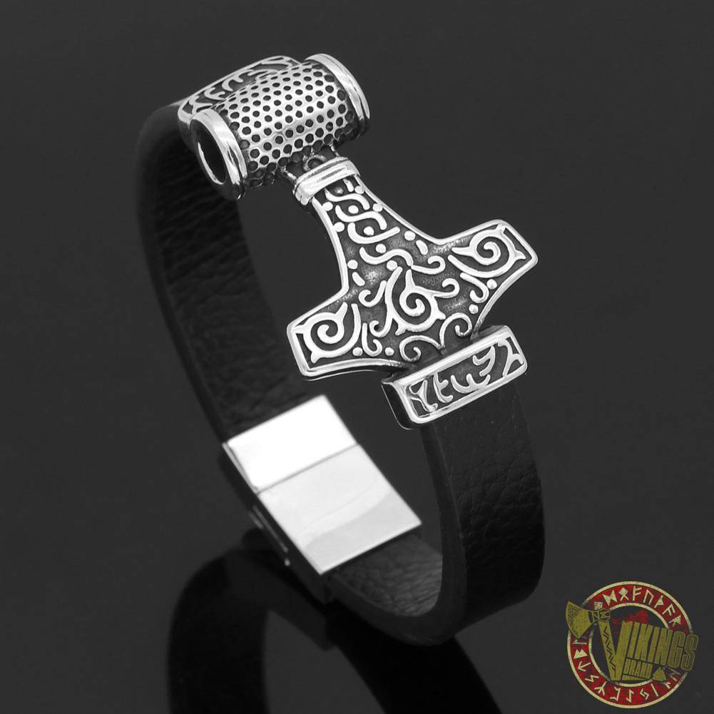 Genuine Leather Viking Bracelet with 2 Version of Thor Hammer - VikingsBrand