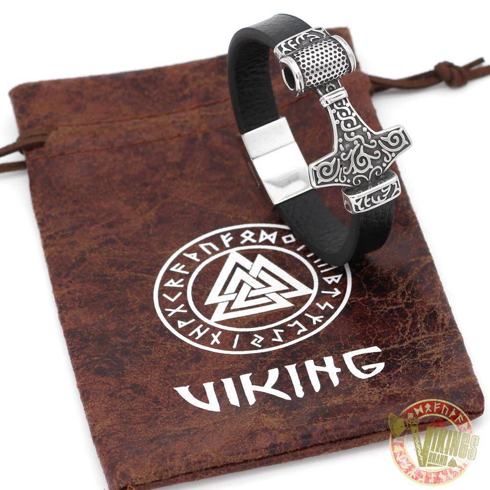 Genuine Leather Viking Bracelet with 2 Version of Thor Hammer - VikingsBrand