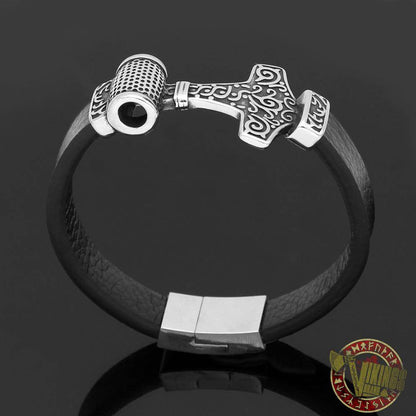 Genuine Leather Viking Bracelet with 2 Version of Thor Hammer - VikingsBrand