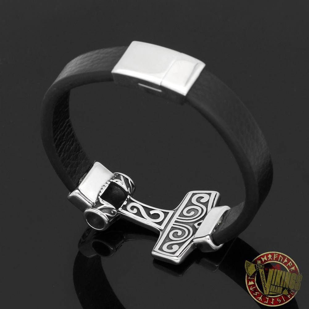 Genuine Leather Viking Bracelet with 2 Version of Thor Hammer - VikingsBrand