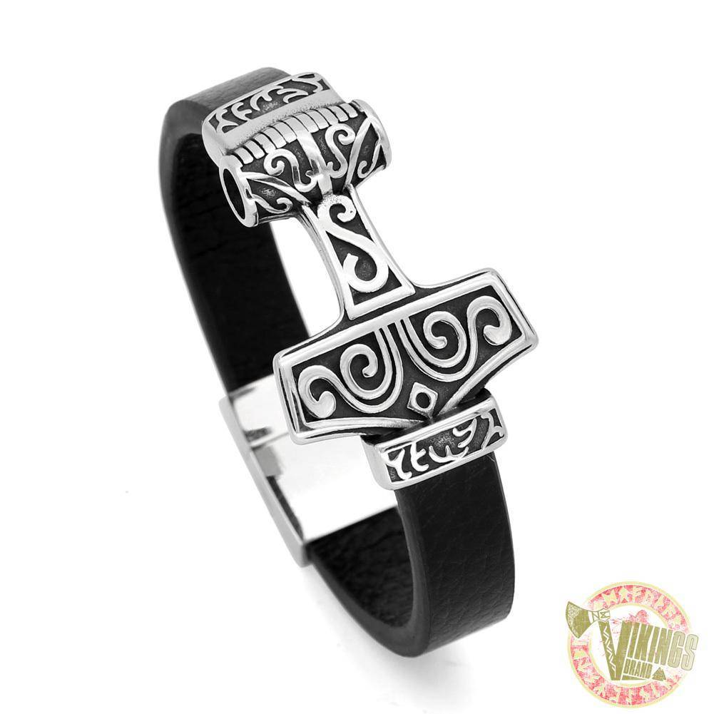 Genuine Leather Viking Bracelet with 2 Version of Thor Hammer - VikingsBrand