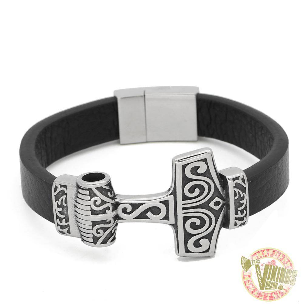 Genuine Leather Viking Bracelet with 2 Version of Thor Hammer - VikingsBrand