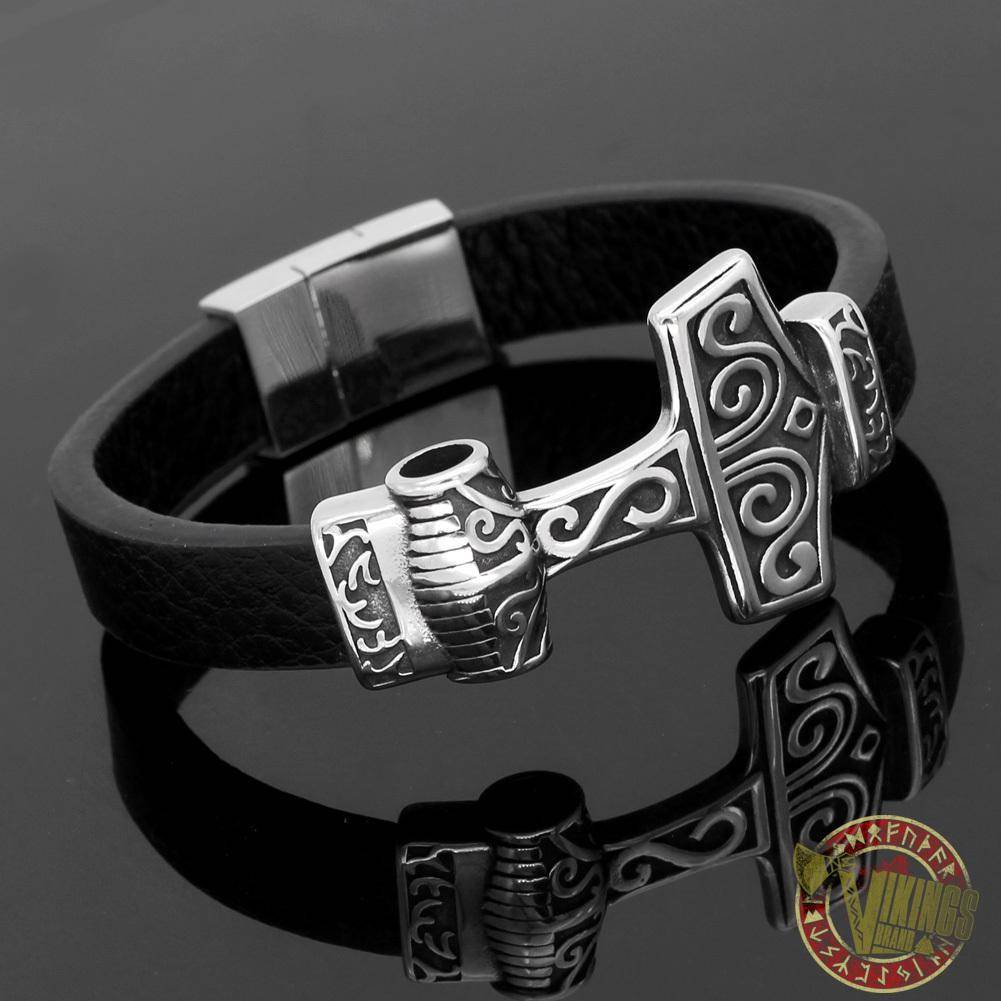 Genuine Leather Viking Bracelet with 2 Version of Thor Hammer - VikingsBrand