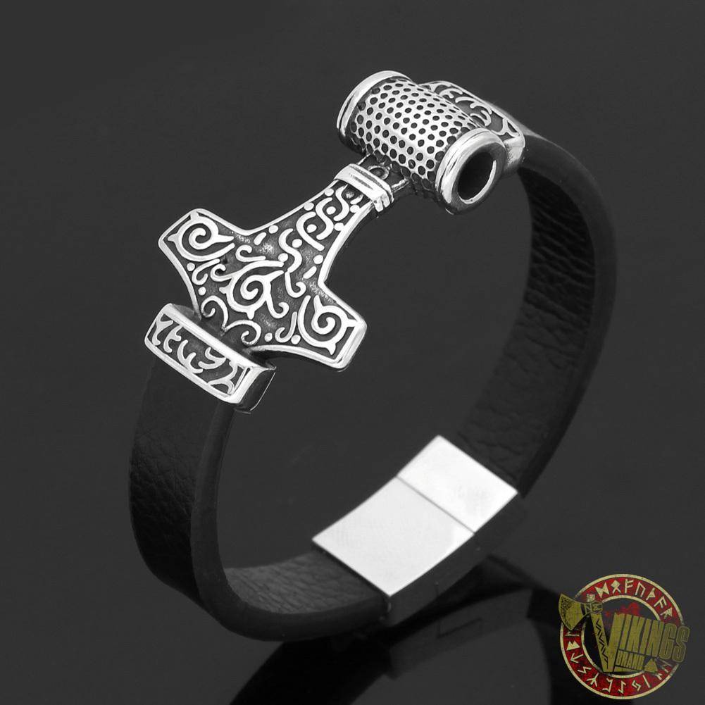 Genuine Leather Viking Bracelet with 2 Version of Thor Hammer - VikingsBrand