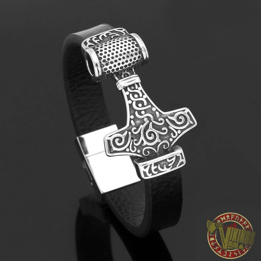 Genuine Leather Viking Bracelet with 2 Version of Thor Hammer - VikingsBrand