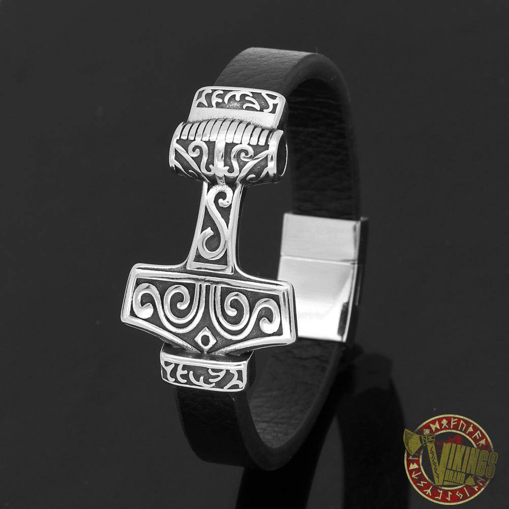 Genuine Leather Viking Bracelet with 2 Version of Thor Hammer - VikingsBrand