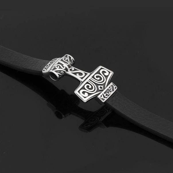 Genuine Leather Viking Bracelet with 2 Version of Thor Hammer - VikingsBrand