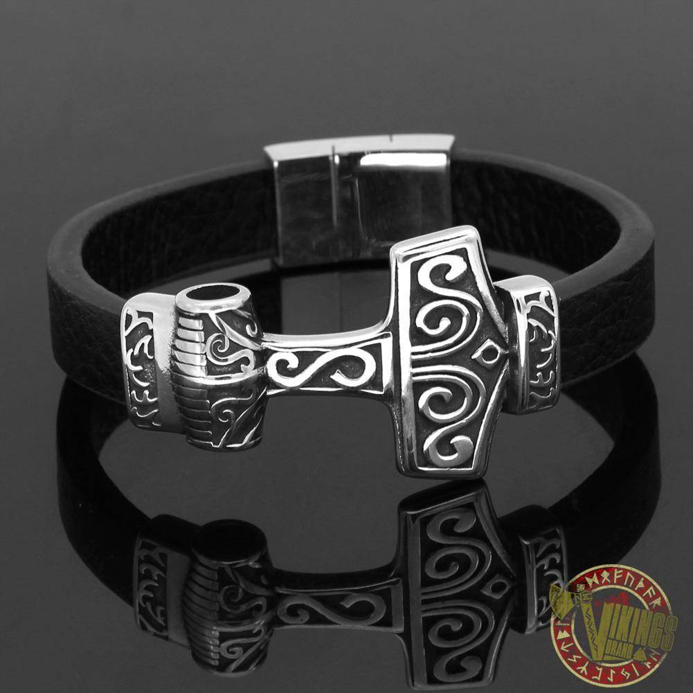 Genuine Leather Viking Bracelet with 2 Version of Thor Hammer - VikingsBrand