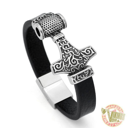 Genuine Leather Viking Bracelet with 2 Version of Thor Hammer - VikingsBrand