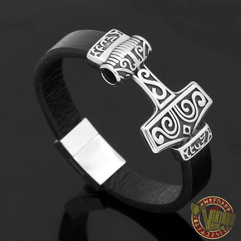 Genuine Leather Viking Bracelet with 2 Version of Thor Hammer - VikingsBrand