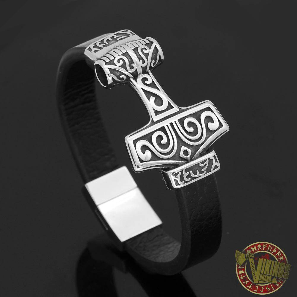 Genuine Leather Viking Bracelet with 2 Version of Thor Hammer - VikingsBrand