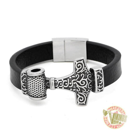 Genuine Leather Viking Bracelet with 2 Version of Thor Hammer - VikingsBrand