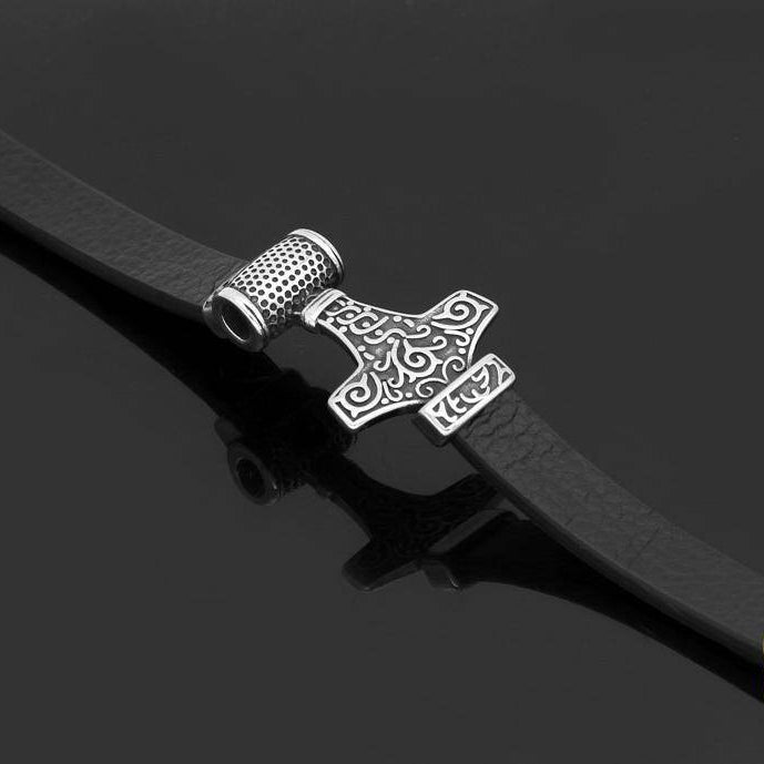 Genuine Leather Viking Bracelet with 2 Version of Thor Hammer - VikingsBrand
