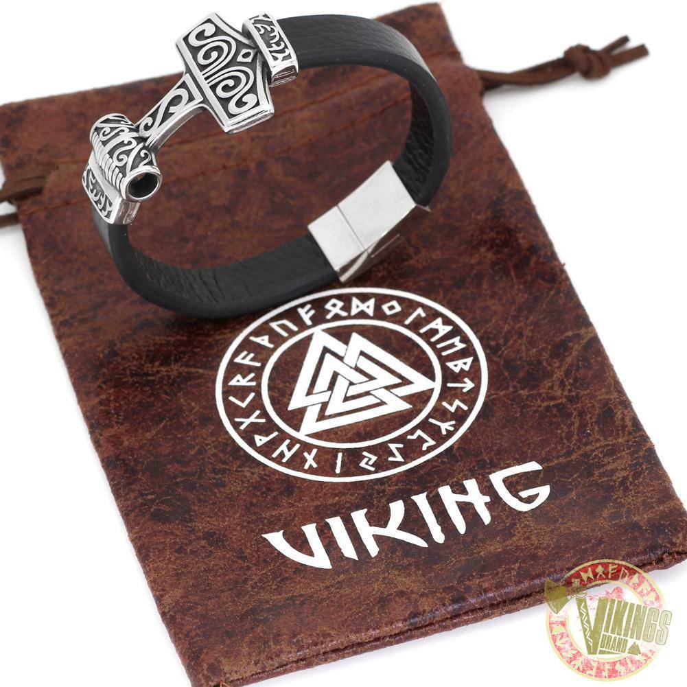 Genuine Leather Viking Bracelet with 2 Version of Thor Hammer - VikingsBrand