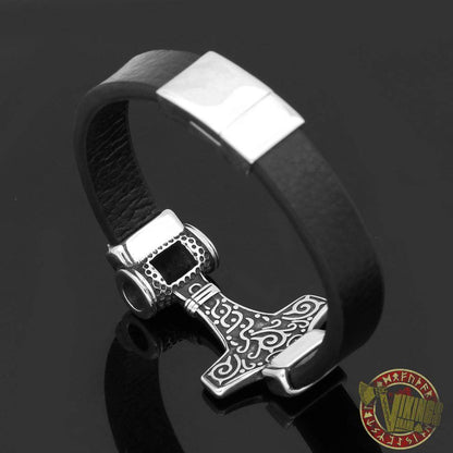 Genuine Leather Viking Bracelet with 2 Version of Thor Hammer - VikingsBrand