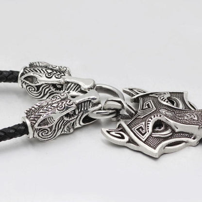 Genuine Leather Viking Necklace with a Wolf Heads and Fenrir Pendant - VikingsBrand