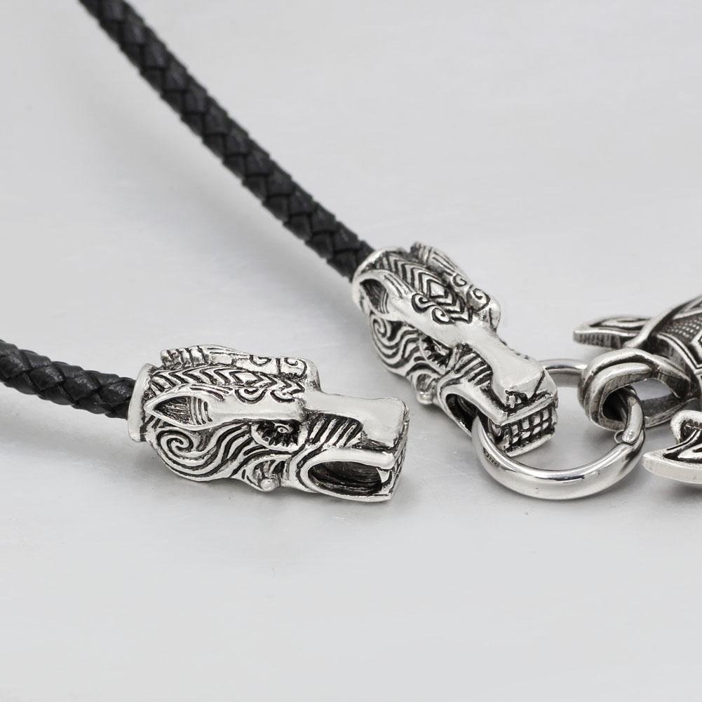 Genuine Leather Viking Necklace with a Wolf Heads and Fenrir Pendant - VikingsBrand