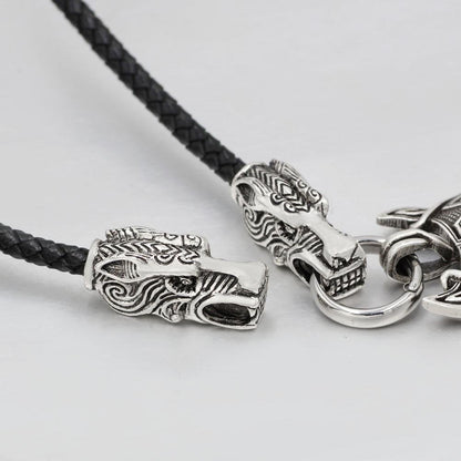 Genuine Leather Viking Necklace with a Wolf Heads and Fenrir Pendant - VikingsBrand
