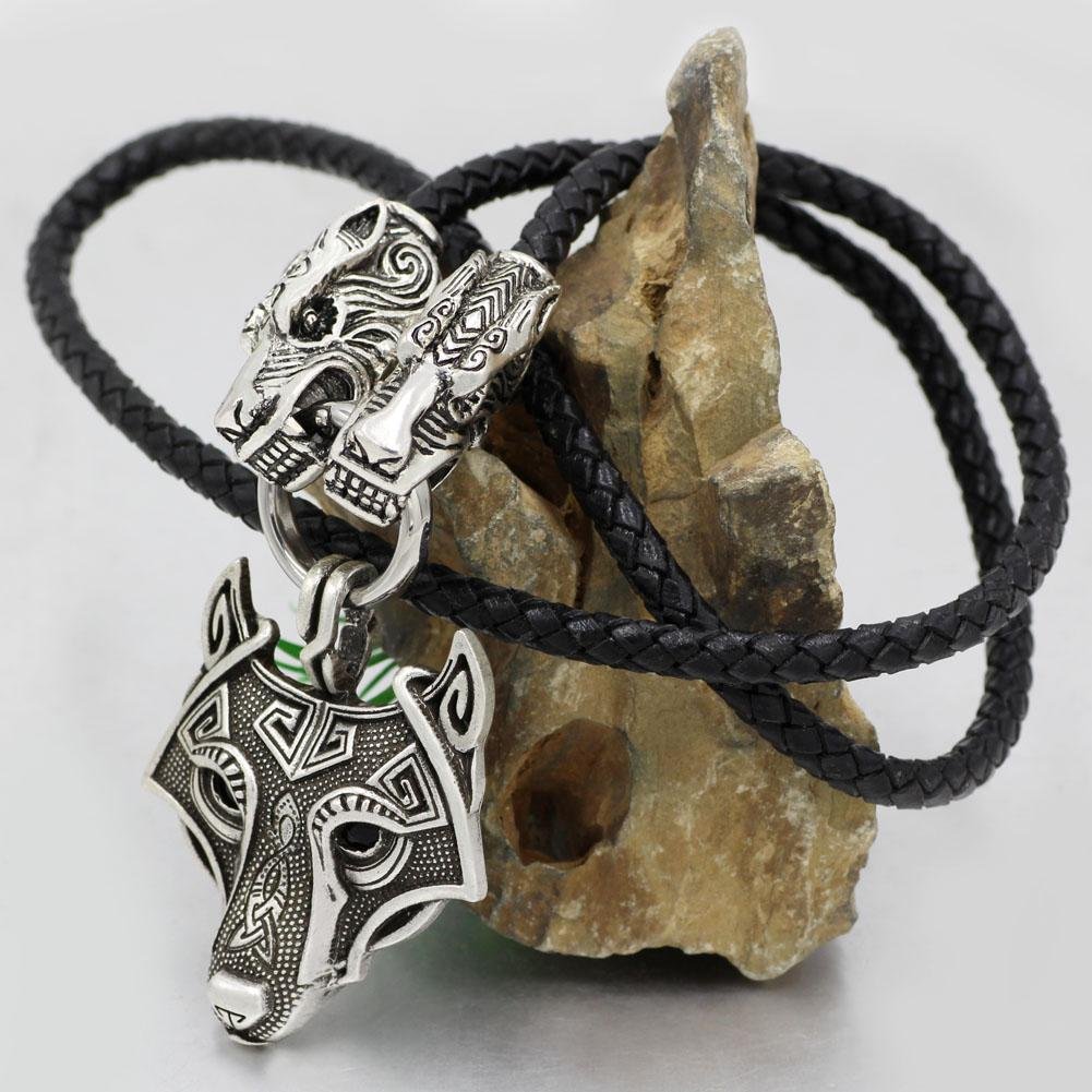 Genuine Leather Viking Necklace with a Wolf Heads and Fenrir Pendant - VikingsBrand