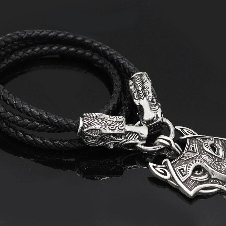 Genuine Leather Viking Necklace with a Wolf Heads and Fenrir Pendant - VikingsBrand
