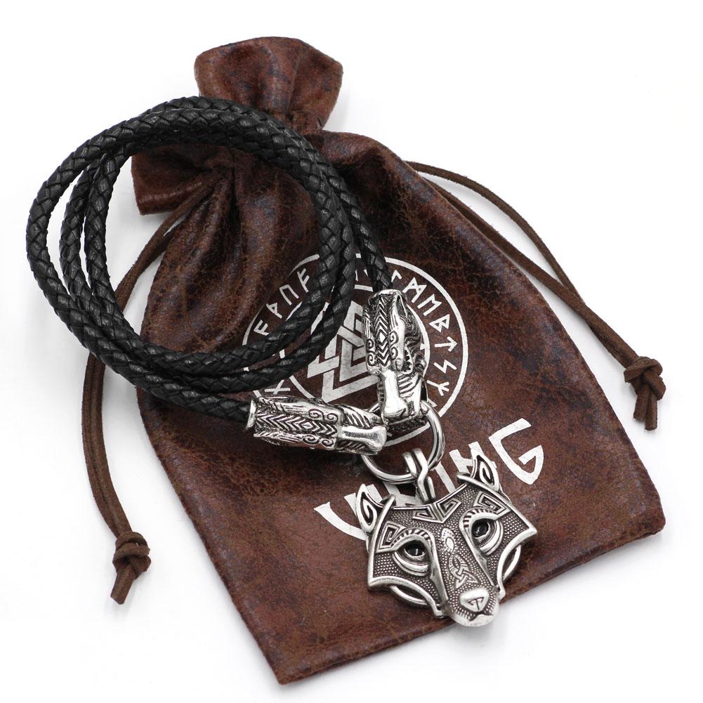 Genuine Leather Viking Necklace with a Wolf Heads and Fenrir Pendant - VikingsBrand