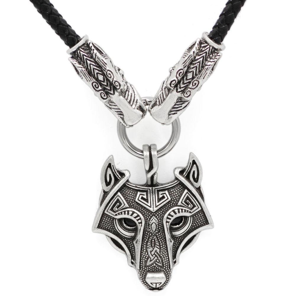 Genuine Leather Viking Necklace with a Wolf Heads and Fenrir Pendant - VikingsBrand