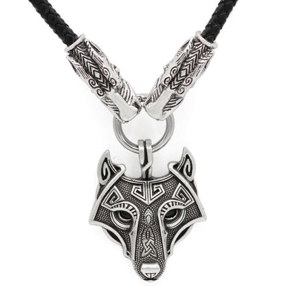 Genuine Leather Viking Necklace with a Wolf Heads and Fenrir Pendant - VikingsBrand