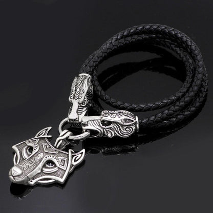 Genuine Leather Viking Necklace with a Wolf Heads and Fenrir Pendant - VikingsBrand