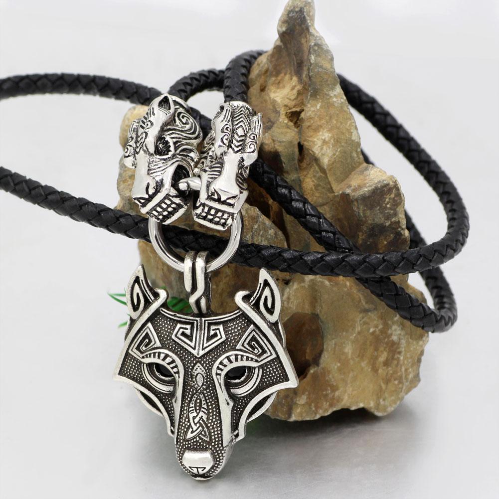 Genuine Leather Viking Necklace with a Wolf Heads and Fenrir Pendant - VikingsBrand