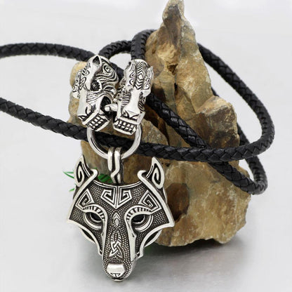 Genuine Leather Viking Necklace with a Wolf Heads and Fenrir Pendant - VikingsBrand